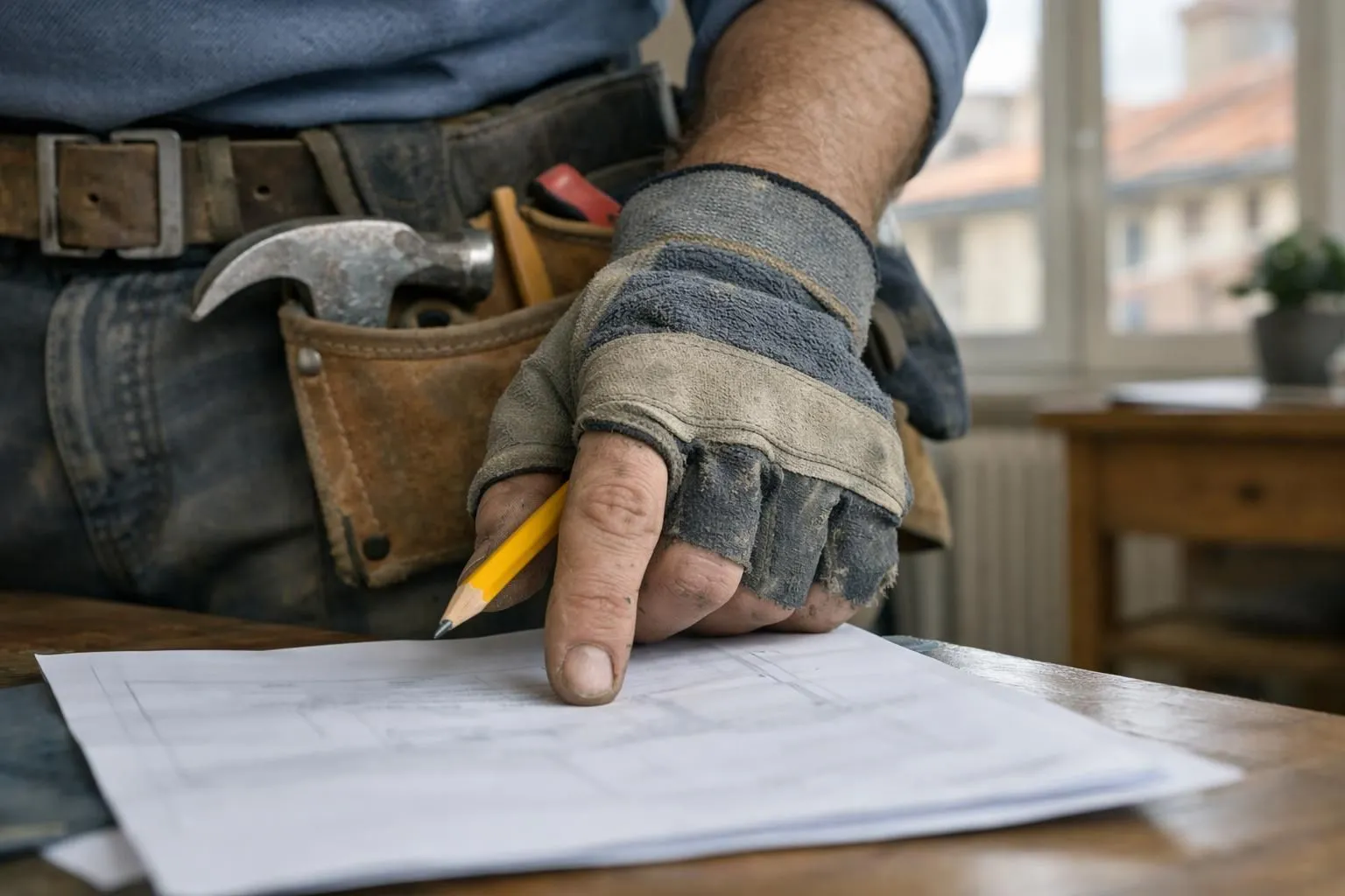 Propriétaire assis à une table de cuisine avec trois devis papier étalés devant lui, un artisan couvreur en vêtements de travail lui expliquant les détails en pointant un document, ambiance professionnelle et conviviale dans une maison lyonnaise typique