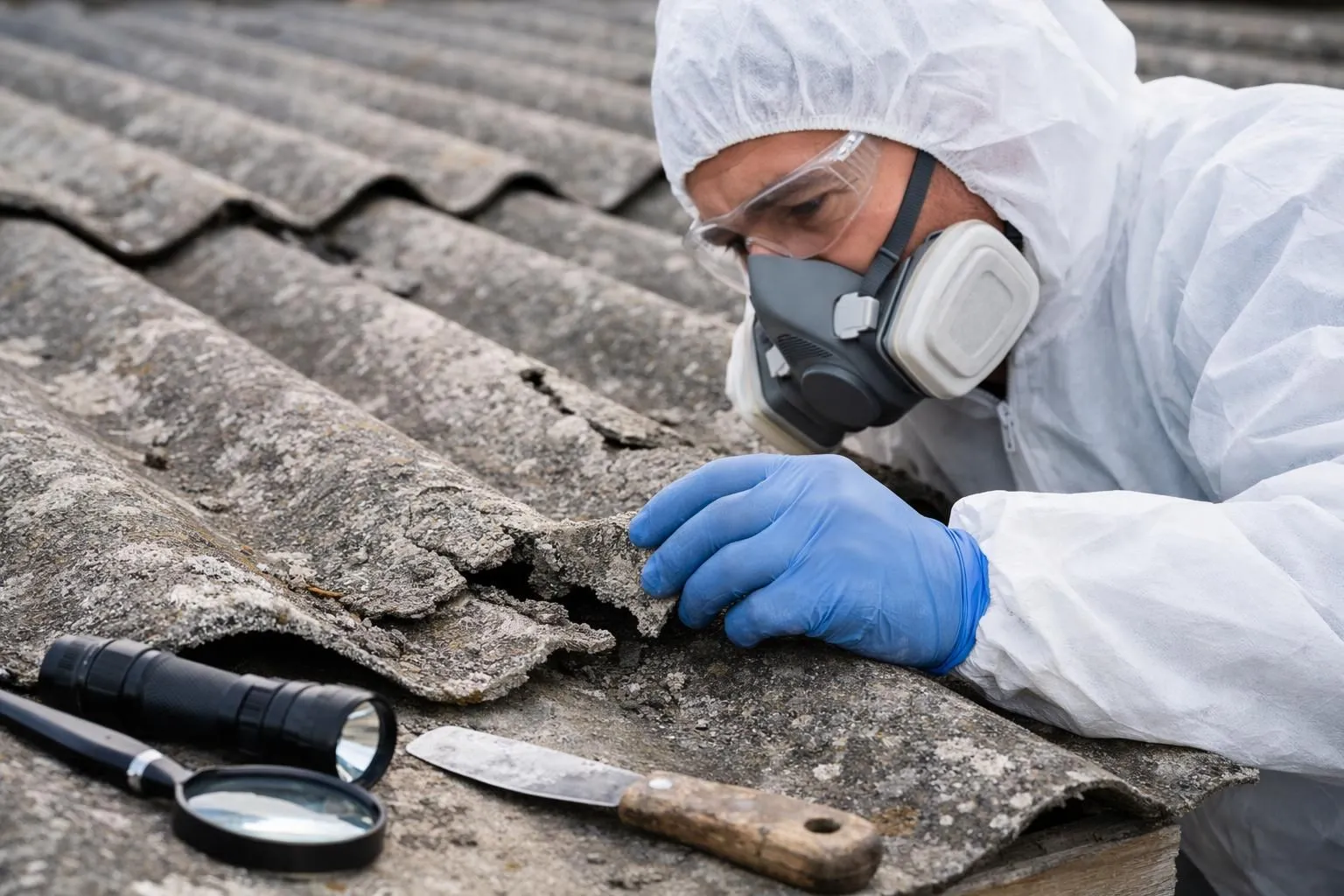 A professional roofer in protective white suit inspecting asbestos roofing material on an old residential house, close-up view showing damaged corrugated roof sheets with visible wear, inspection tools and equipment visible, natural daylight, realistic documentary style photography capturing the serious nature of asbestos assessment work