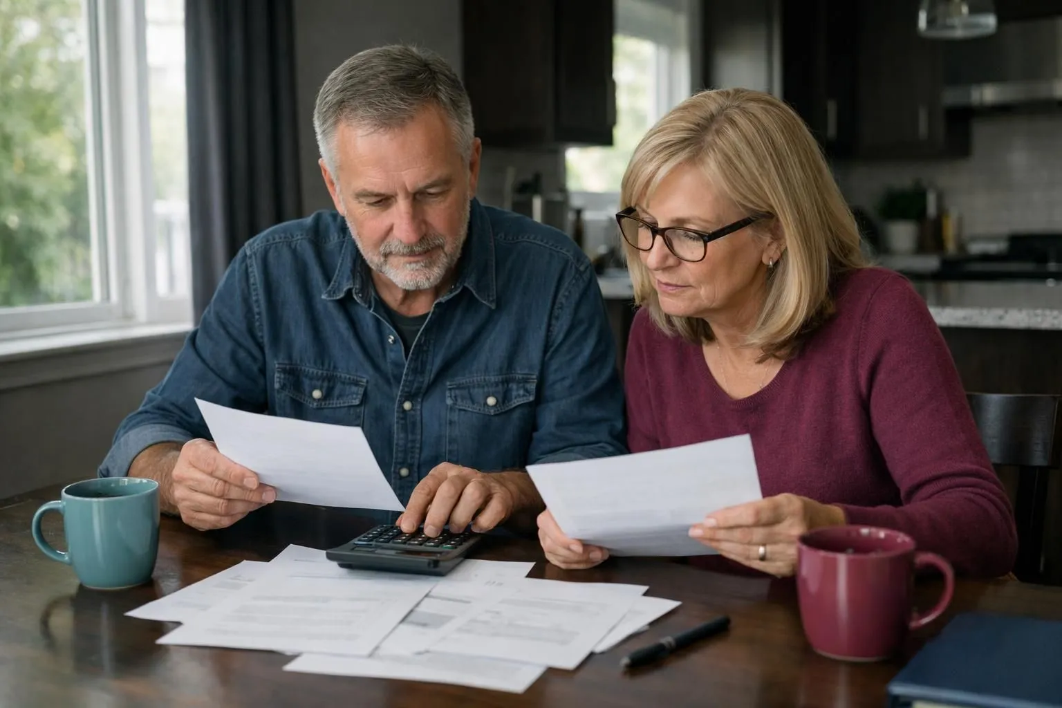 French couple aged 40-55 sitting at dining table reviewing renovation quotes and budget documents with calculator, natural daylight through window, residential interior setting, focused on financial planning for home improvement project