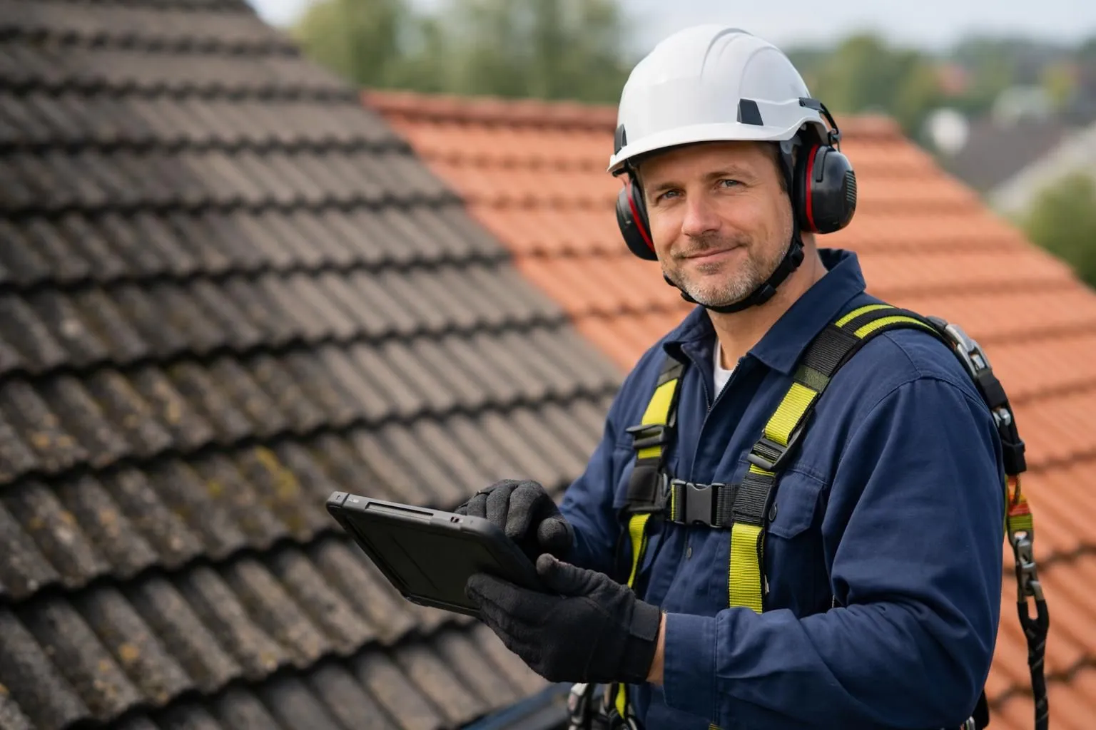 Artisan couvreur professionnel évaluant le nettoyage de toiture sur tablette, prix et services.