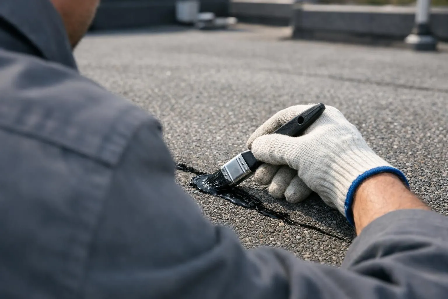 Réparer fuite toiture plate. Main experte appliquant un mastic d'étanchéité pour une réparation rapide et durable.