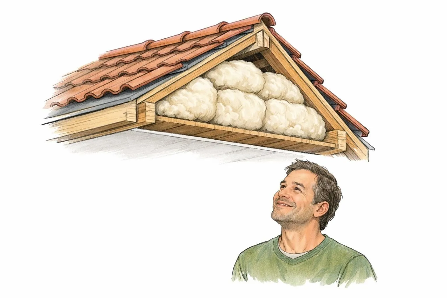 Esquisse main d'un toit résidentiel avec isolation thermique, un propriétaire souriant apprécie les bénéfices. Entreprise iso