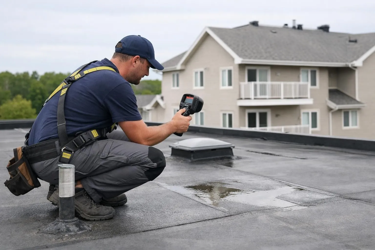 Professional roofer examining flat roof surface with thermal imaging camera to detect water infiltration zones, residential building background, Lyon area, realistic documentary style photography