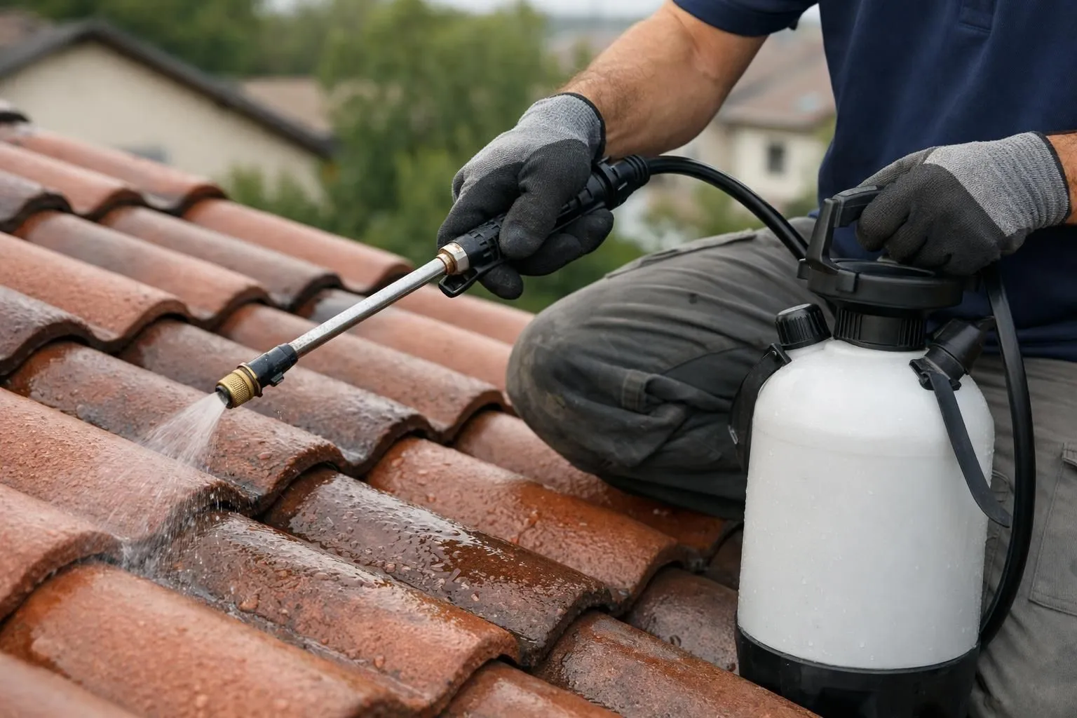 Artisan couvreur professionnel en train d'appliquer un traitement hydrofuge sur des tuiles de toiture avec un pulvérisateur, gros plan sur les mains et l'équipement, tuiles en terre cuite, lumière naturelle, chantier résidentiel