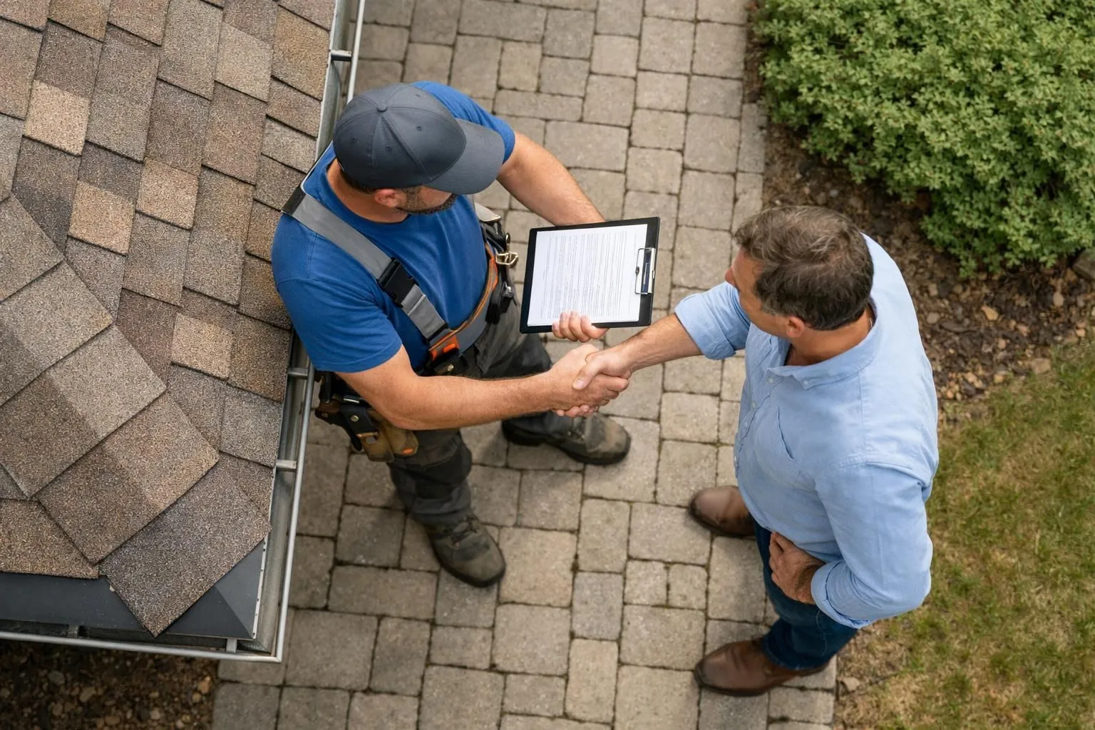 Artisan couvreur professionnel en tenue de travail présentant un document technique à un propriétaire de maison, poignée de main cordiale, contexte pavillon résidentiel français avec toiture visible en arrière-plan, lumière naturelle, scène réaliste sans aucun texte ni logo